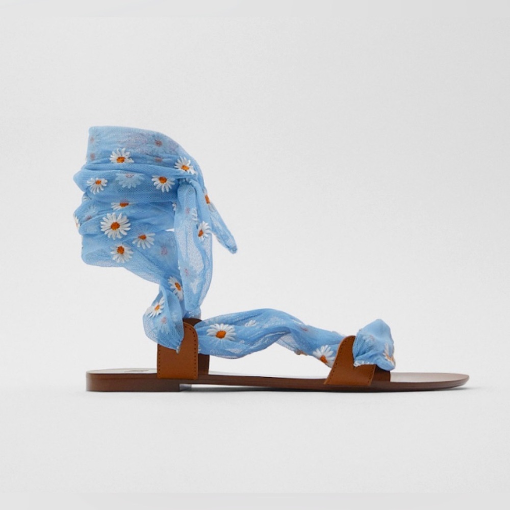 ZARA Strap Sandal LEATHER Flat DAISY TULLE Tie-Up GLADIATOR